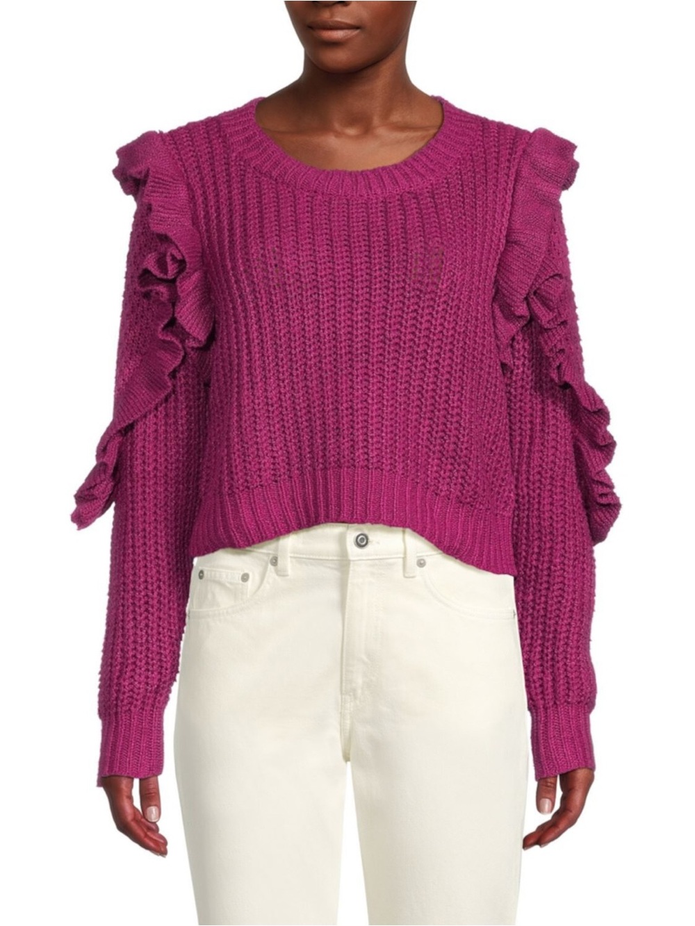 En Saison Fuchsia Ruffle-Shoulder Cropped Crewneck Sweater Size Medium